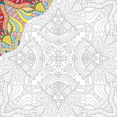 Decorative doodle pattern for coloring book. Hand drawn fantasy line art, floral geometric ornament for painting, coloring page. Tribal ethnic decoration. Black and white with sample of colors