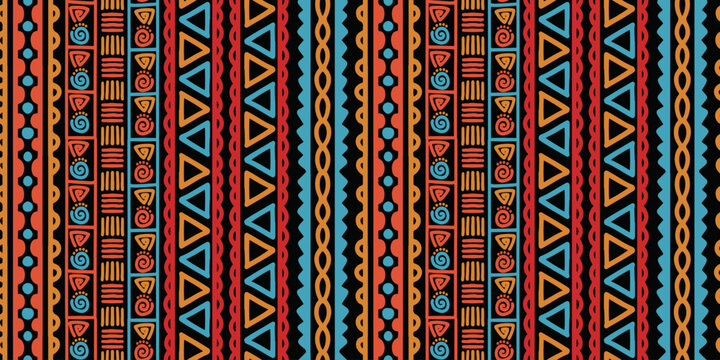 Ethnic stripe seamless pattern. African aztec tribal geometric vector background, colorful boho motif with textured ornament, vector illustration for fashion and Textile print.