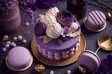 Fototapeta na wymiar Beautiful purple cake decoraited of fresh flowers, macaroons and meringue. Love concept, Wedding cake, birthday cake, background, AI generated
