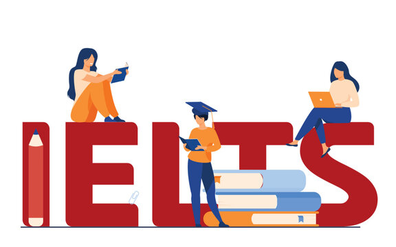 IELTS banner with character, IELTS's text best illustration for IELTS exam online reading and online exam. IELTS's training and some teachers and learners are learning for IELTS exam, Test of English.