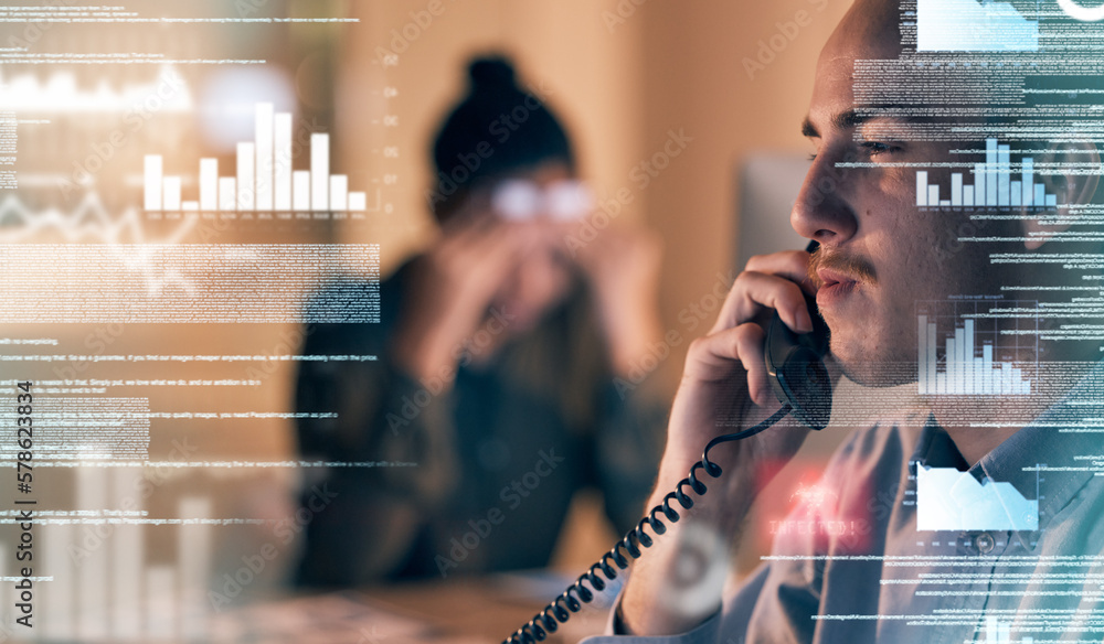 Poster statistics overlay, phone call and business people with financial graph graphic and communication. b