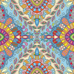 Hand drawn seamless graphic pattern, colorful artistic background with floral and geometric elements. Doodle ethnic mandala ornament for textile fabric, paper print. Surface texture 