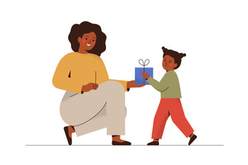 Baby girl gives to her mother a present on Mother's day holiday. Child receives gift from her parent on birthday. Woman volunteer presents some surprise for kid. Vector illustration