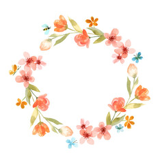 Watercolor floral wreath. Vibrant spring flowers and leaves. Place for your text. Perfect for wedding and greeting cards, stationery and more.