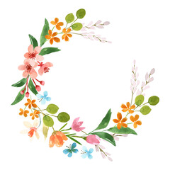 Naklejka na ściany i meble Watercolor floral wreath. Vibrant spring flowers and leaves. Place for your text. Perfect for wedding and greeting cards, stationery and more.