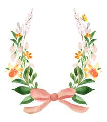 Watercolor floral wreath. Vibrant spring flowers and leaves. Place for your text. Perfect for wedding and greeting cards, stationery and more.