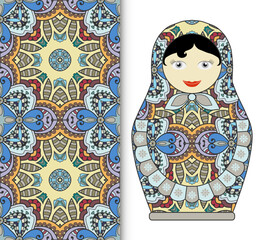 Russian doll fun toy souvenir and seamless geometric floral doodle pattern. Decorative elements for card or invitation, fabric or paper print. Hand drawn vector illustration.