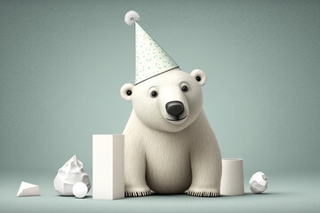 Cute 3d Cartoon Polar Bear with a Birthday Party Hat and Blank Sign, generative AI