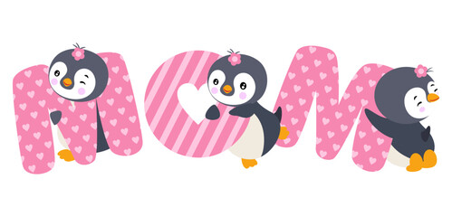 Adorable penguins with word mom