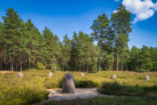 Central moonlit of Stone Circles at Odry, an ancient burial and worship place from Bronze Age. UNESCO Archaeological and Natural Reserve, Poland