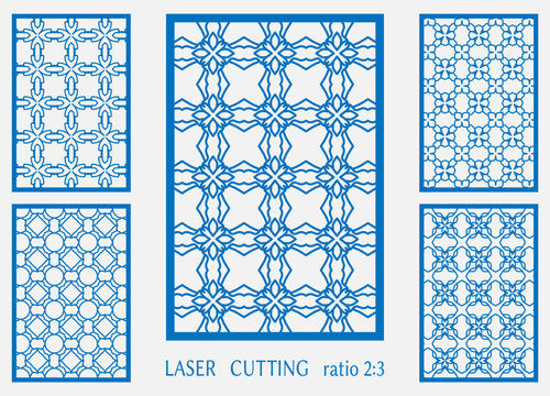 Templates for laser cutting, plotter cutting, printing. Line patterns set. Geometric design cut out of paper. Mandala die cut ornament. Fretwork panels, cutout silhouette stencils