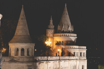 The tower of Fisherman's Bastion at night, Budapest, Hungary.