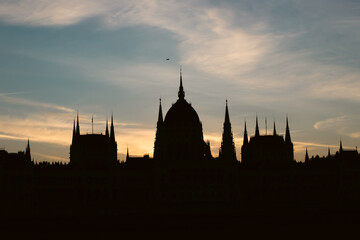 Budapest, Hungarian Parliament silhouette, beautiful panoramic view.