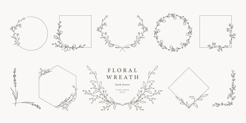 Hand drawn vintage floral wreaths, frames, corners with flowers, branches and leaves. Trendy greenery elements in line art style. Vector for label, corporate identity, wedding invitation, card