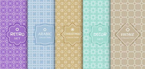 Set of seamless line patterns, colored background. Stylish decorative vintage, retro, arabic, christmas label decor set. Abstract geometric frame, vector illustration. Art Deco style, light colors
