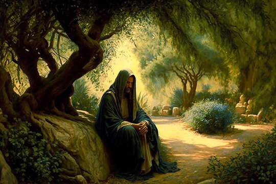 Jesus Christ praying in the garden of olive. AI generativ.