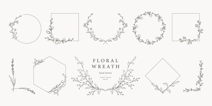 Hand drawn vintage floral wreaths, frames, corners with flowers, branches and leaves. Trendy greenery elements in line art style. Vector for label, corporate identity, wedding invitation, card