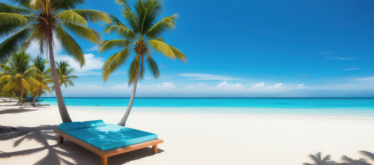 Obraz na płótnie Canvas Chaise lounge on the shore of a tropical island with palm trees. Generative AI.