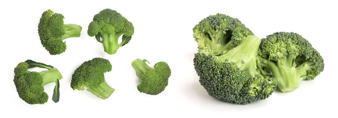 fresh broccoli isolated on white background close-up. Top view