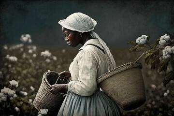 Mujer negra en una plantaci&oacute;n de algod&oacute;n, con una cesta en la mano, vestida con ropa de trabajo, con la cabeza cubierta, recolectando capullos de algod&oacute;n.
