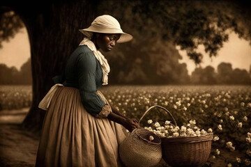 Mujer negra en una plantación de algodón, con una cesta en la mano, vestida con ropa de trabajo, con la cabeza cubierta, recolectando capullos de algodón.