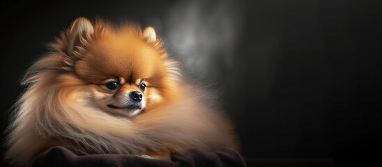 Obraz premium Portrait of cute fluffy puppy of pomeranian spitz with dark background and free space for text, generative ai