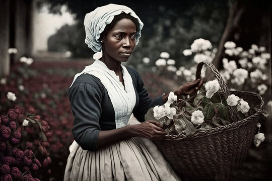 Mujer negra en una plantaci&oacute;n de algod&oacute;n, con una cesta en la mano, vestida con ropa de trabajo, con la cabeza cubierta, recolectando capullos de algod&oacute;n.