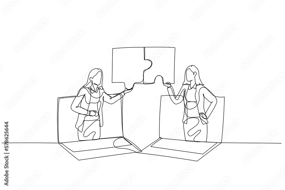 Wall mural cartoon of businesswoman and coworker connecting jigsaw puzzle. concept of business solution. single