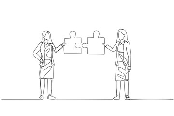 Fototapeta na wymiar Cartoon of businesswoman with friend connecting the puzzle. Concept of networking. Single line art style