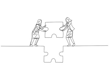 Drawing of businesswoman and partner hold puzzle and try to make bridge. Concept of cooperation. One continuous line art style