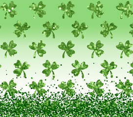 Saint Patrick's day shiny glitter background. Green clover leaves pattern illustration.