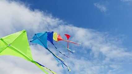Many beautiful colorful kites fly on the string over blue sky