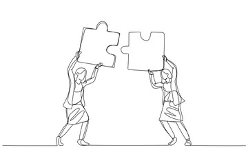 Cartoon of businesswoman hold puzzle in the head try to connect puzzle. Concept of partnership. Single line art style