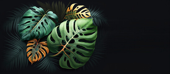 Tropical leaves Monstera on dark background and free space for text, generative ai