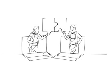 Cartoon of businesswoman and coworker connecting jigsaw puzzle. Concept of business solution. Single continuous line art