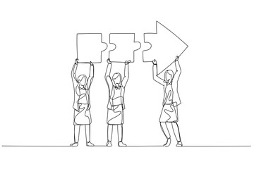 Cartoon of businesswoman and coworkers connecting arrow jigsaw. Concept of problem solving. One line art style