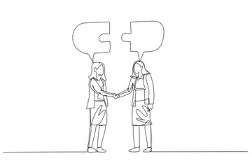 Cartoon of businesswoman with business partner connect chat bubble. Concept of discussion. Single line art style