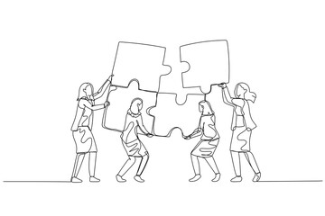 Illustration of businesswoman with team bringing puzzle together. Concept of teamwork. Single continuous line art style