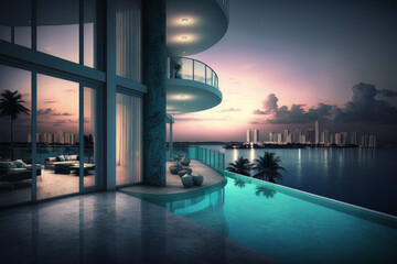 Fototapeta premium Impressive luxury penthouse terrace with a swimming pool overlooking Miami