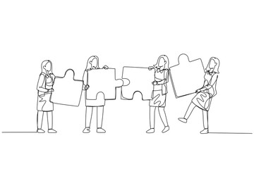 Cartoon of businesswoman standing with puzzle in hand. Concept of cooperation. Single line art style