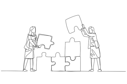recommend clip art: Drawing of businesswoman making puzzle tower. Concept of teamwork. One line art style