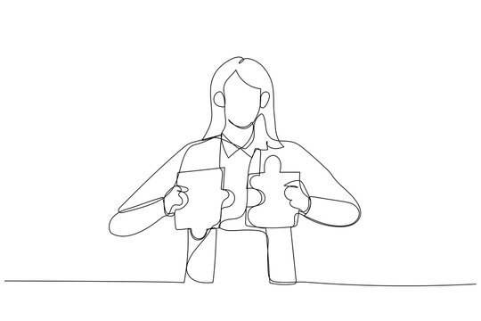 recommend clip art: Illustration of businesswoman connecting two puzzle pieces. Concept of creative solution. Continuous line art