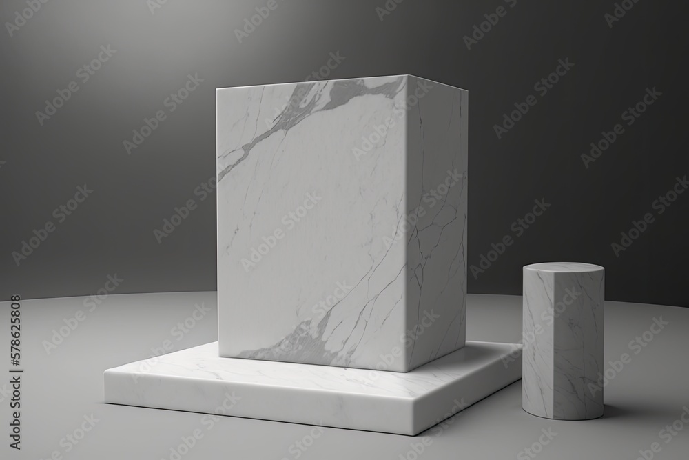 Poster white marble product display on a gray background, using contemporary studio backdrops. lacking a sp