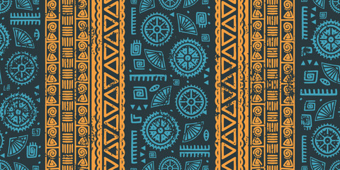 Ethnic stripe seamless ikat pattern. African aztec tribal geometric vector background, colorful boho motif with textured ornament, vector illustration for fashion and Textile print.