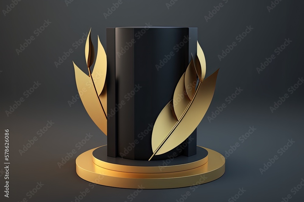 Poster black and gold cylinder podium with laurel leaf on top, seen from the front. a studio geometric shap