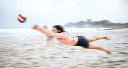 Beach volleyball, diving or sports woman playing a game in training or workout in summer together....