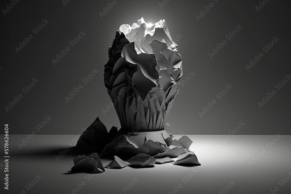 Aufkleber origination of a concept. grey background with crumpled wads and a lamp silhouette. generative ai