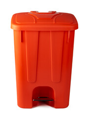 Orange plastic waste bin isolated on white