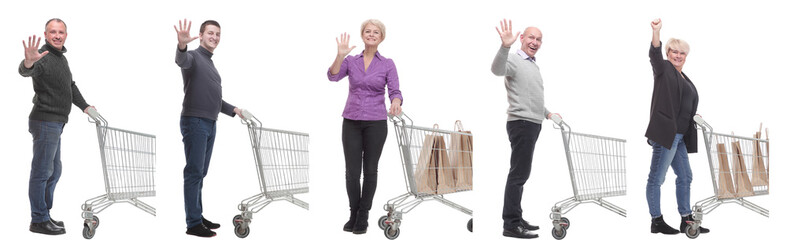 group of people with cart isolated on white