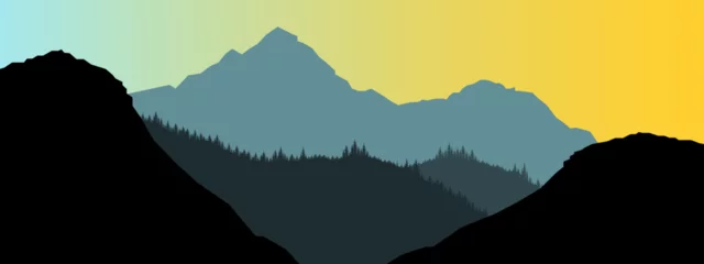 Rollo Realistic mountain landscape view  - Sunrise morning wood panorama, fir and spruce trees and mountains silhouette. Vector forest hiking adventure background © Corri Seizinger